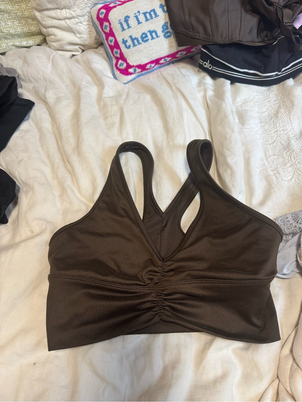 ALO Yoga Chocolate Brown Ruched Front Sports Bra